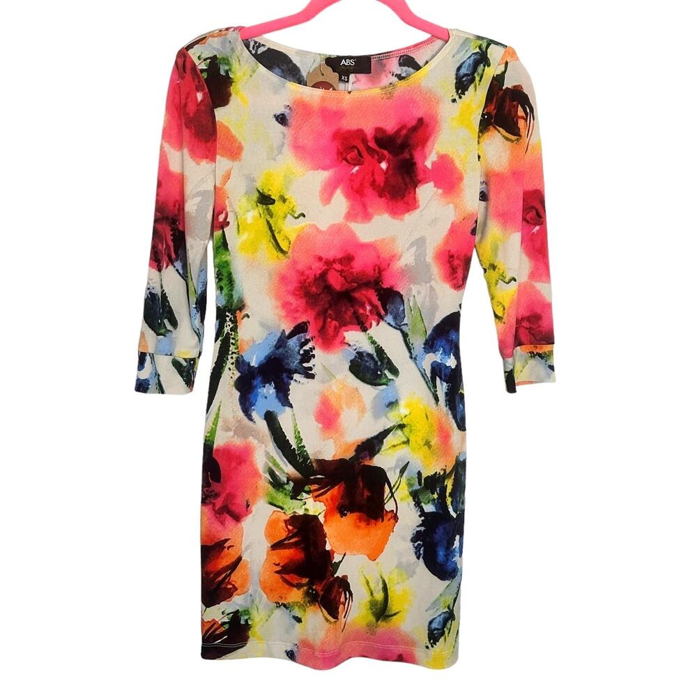 ABS Allen Schwartz Mini Dress Floral Bodycon Colorful Stretch 3/4 Sleeve Size XS - Picture 2 of 11